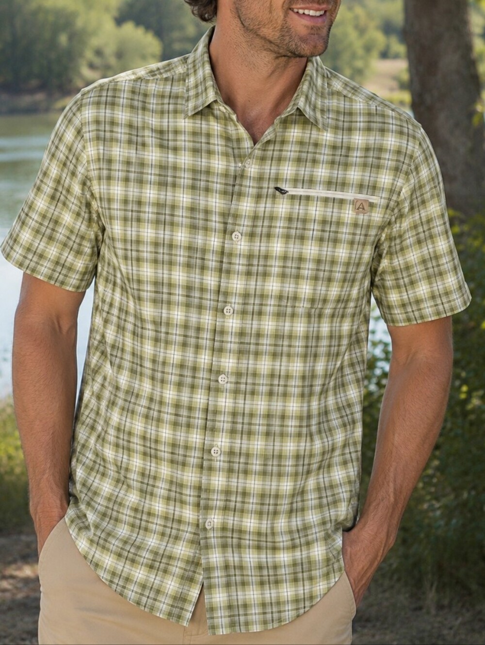 ASCEND | Men's Green-Toned Plaid Button-Front Short Sleeve Shirt. Size Large